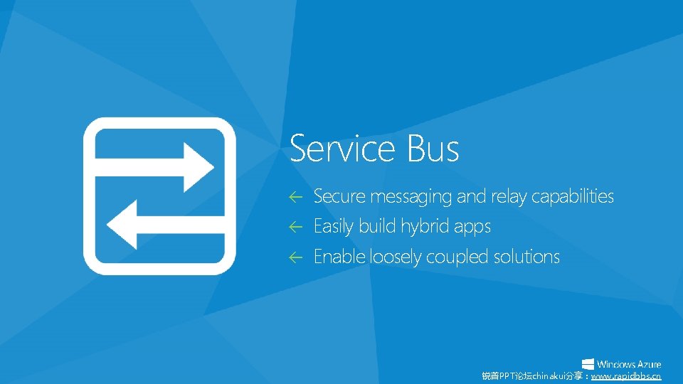 Service Bus Secure messaging and relay capabilities Easily build hybrid apps Enable loosely coupled