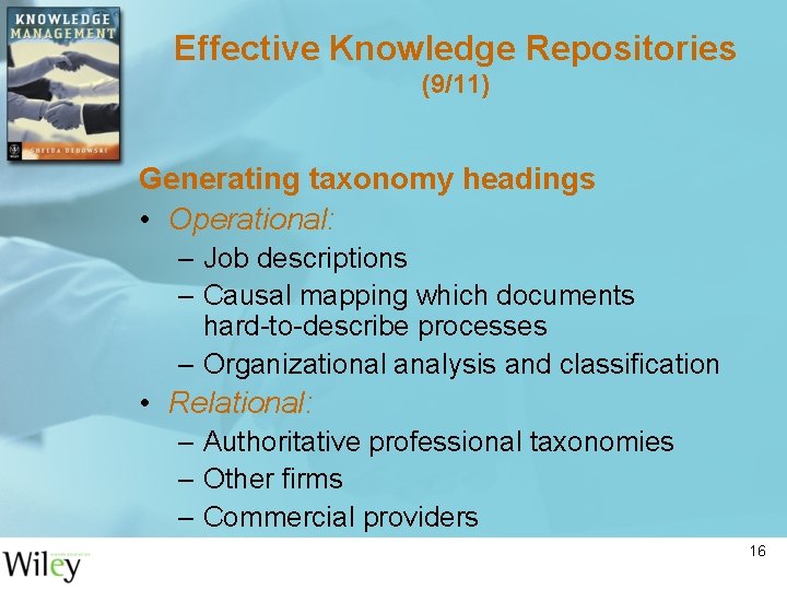 Effective Knowledge Repositories (9/11) Generating taxonomy headings • Operational: – Job descriptions – Causal