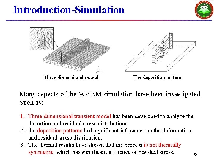 Introduction-Simulation Three dimensional model The deposition pattern Many aspects of the WAAM simulation have