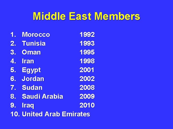 Middle East Members 1. Morocco 1992 2. Tunisia 1993 3. Oman 1995 4. Iran