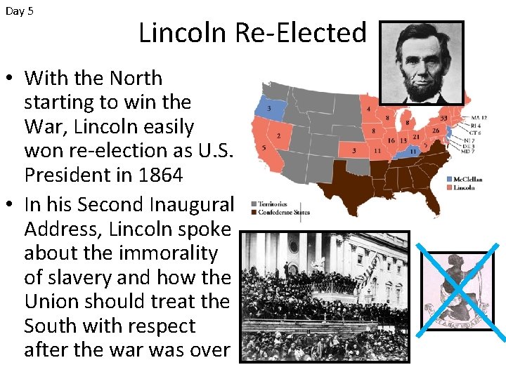 Day 5 Lincoln Re-Elected • With the North starting to win the War, Lincoln