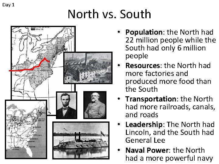 Day 1 North vs. South • Population: Population the North had 22 million people