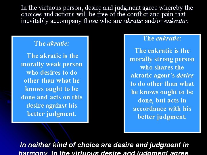 In the virtuous person, desire and judgment agree whereby the choices and actions will