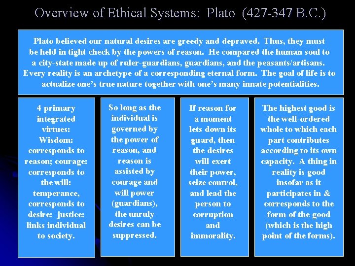 Overview of Ethical Systems: Plato (427 -347 B. C. ) Plato believed our natural