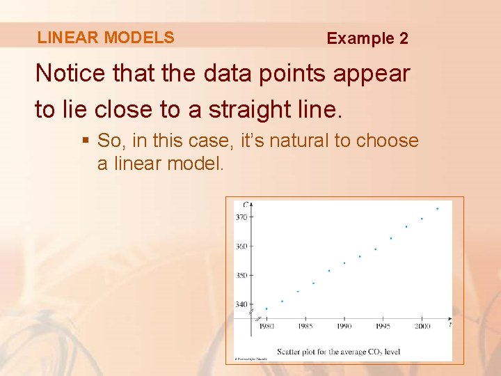 LINEAR MODELS Example 2 Notice that the data points appear to lie close to