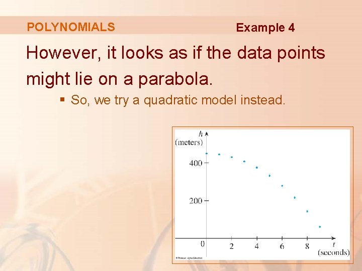 POLYNOMIALS Example 4 However, it looks as if the data points might lie on