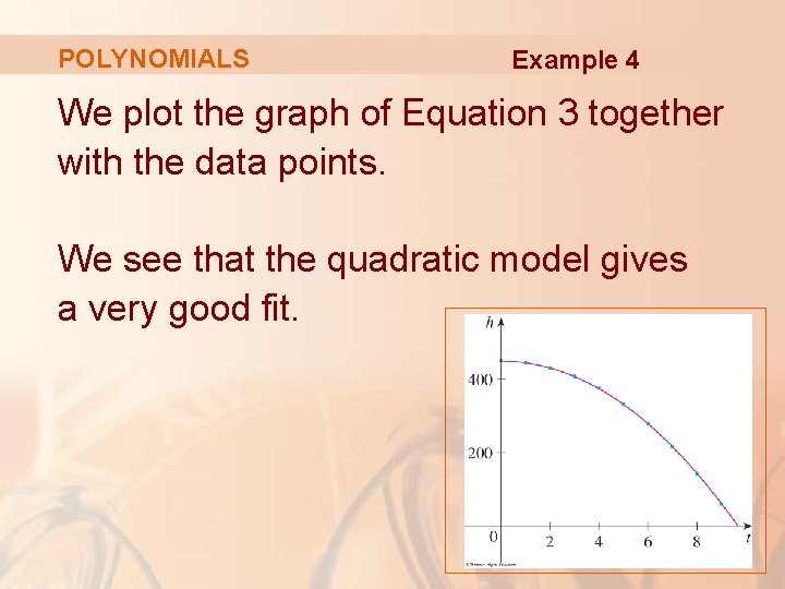 POLYNOMIALS Example 4 We plot the graph of Equation 3 together with the data