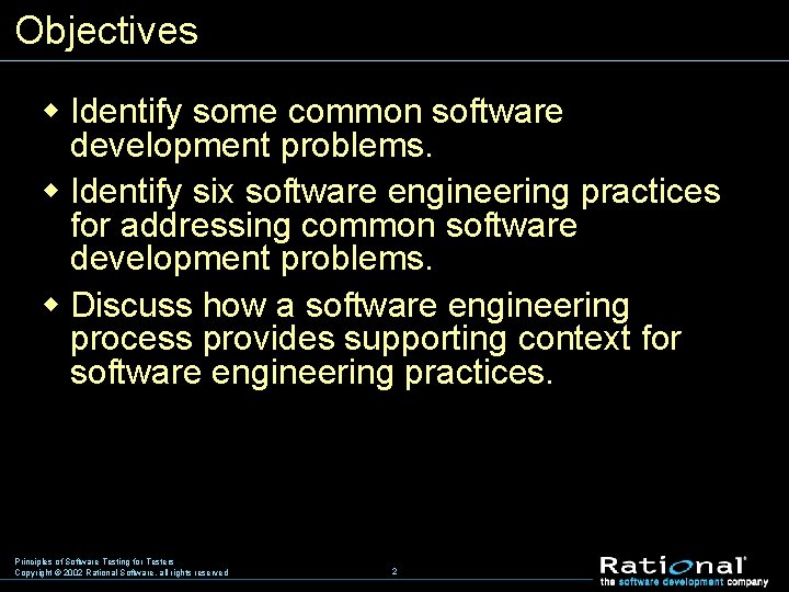 Objectives w Identify some common software development problems. w Identify six software engineering practices