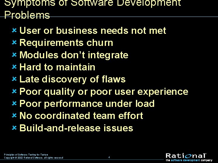 Symptoms of Software Development Problems û User or business needs not met û Requirements