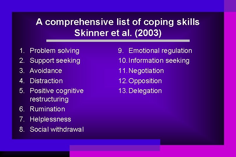 A comprehensive list of coping skills Skinner et al. (2003) 1. 2. 3. 4.