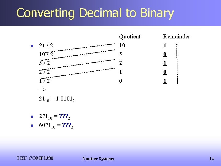 Converting Decimal to Binary n n n Quotient 10 5 2 1 0 21