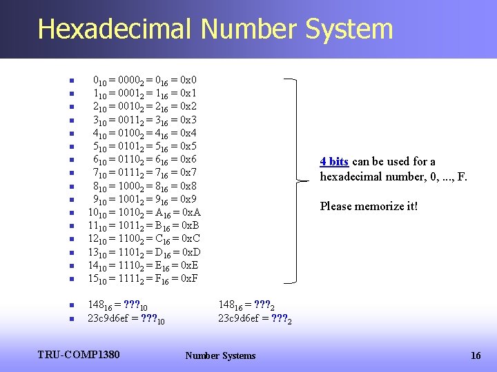 Hexadecimal Number System n n n n n 010 = 00002 = 016 =