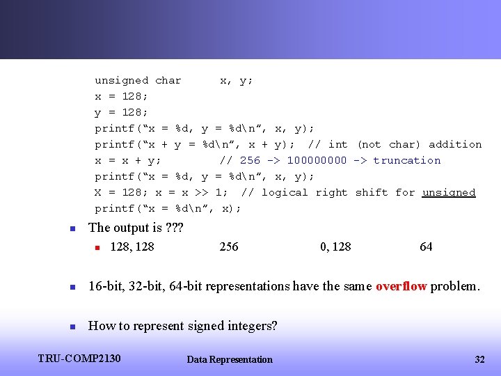 unsigned char x, y; x = 128; y = 128; printf(“x = %d, y