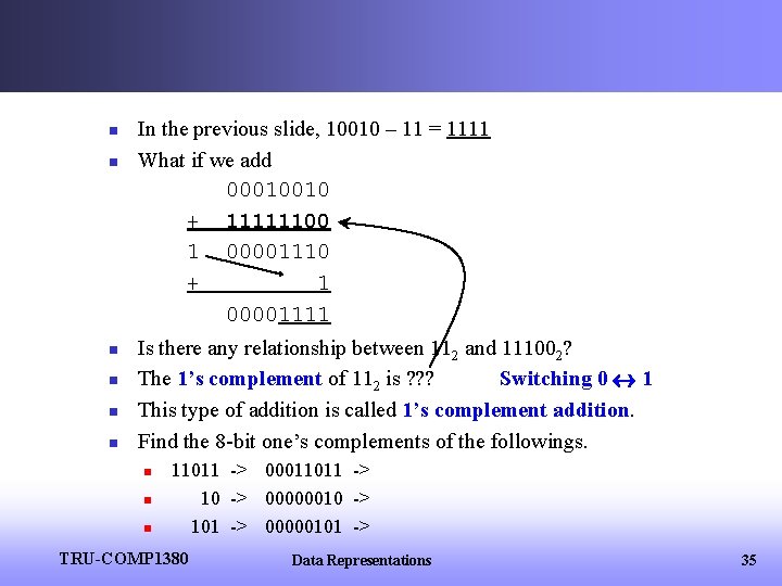 n n n In the previous slide, 10010 – 11 = 1111 What if