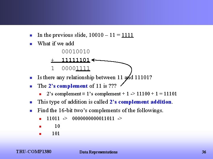 n n In the previous slide, 10010 – 11 = 1111 What if we