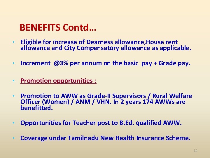 BENEFITS Contd… • Eligible for increase of Dearness allowance, House rent allowance and City