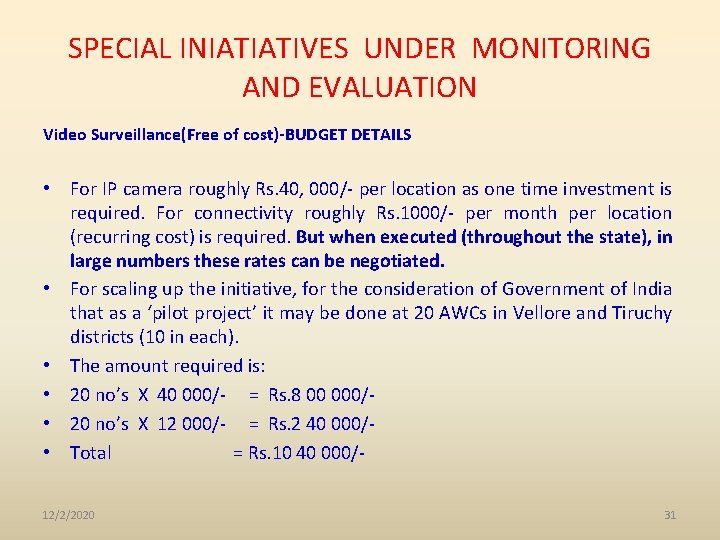 SPECIAL INIATIATIVES UNDER MONITORING AND EVALUATION Video Surveillance(Free of cost)-BUDGET DETAILS • For IP