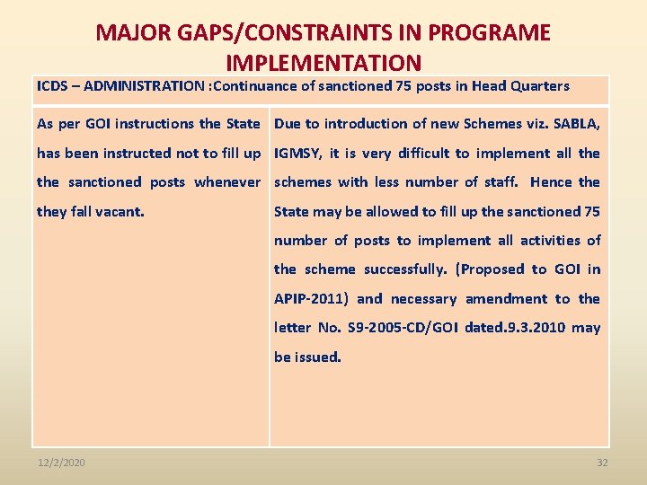 MAJOR GAPS/CONSTRAINTS IN PROGRAME IMPLEMENTATION ICDS – ADMINISTRATION : Continuance of sanctioned 75 posts