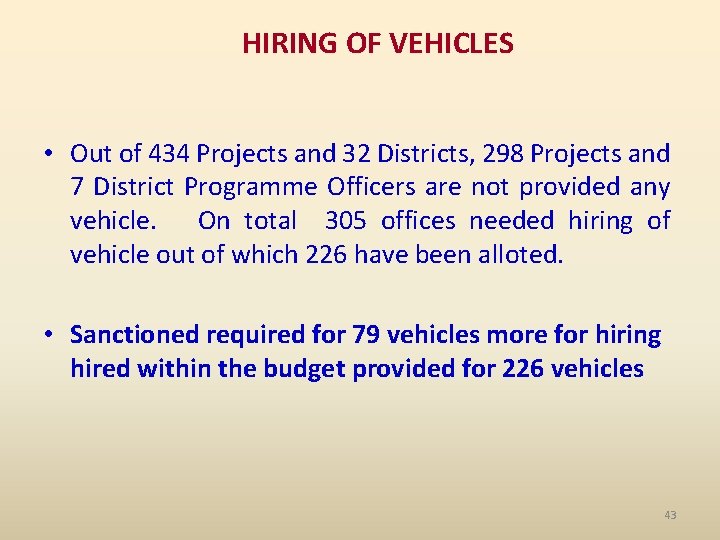 HIRING OF VEHICLES • Out of 434 Projects and 32 Districts, 298 Projects and