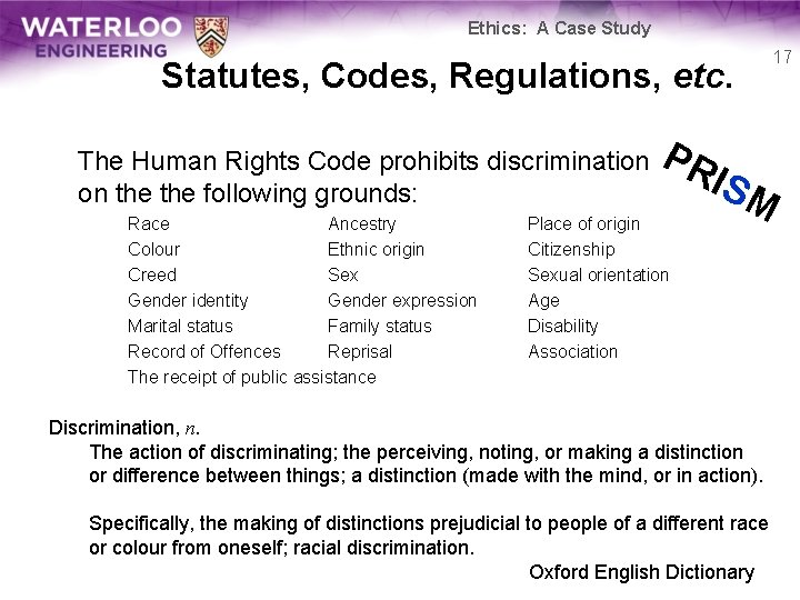 Ethics: A Case Study 17 Statutes, Codes, Regulations, etc. The Human Rights Code prohibits