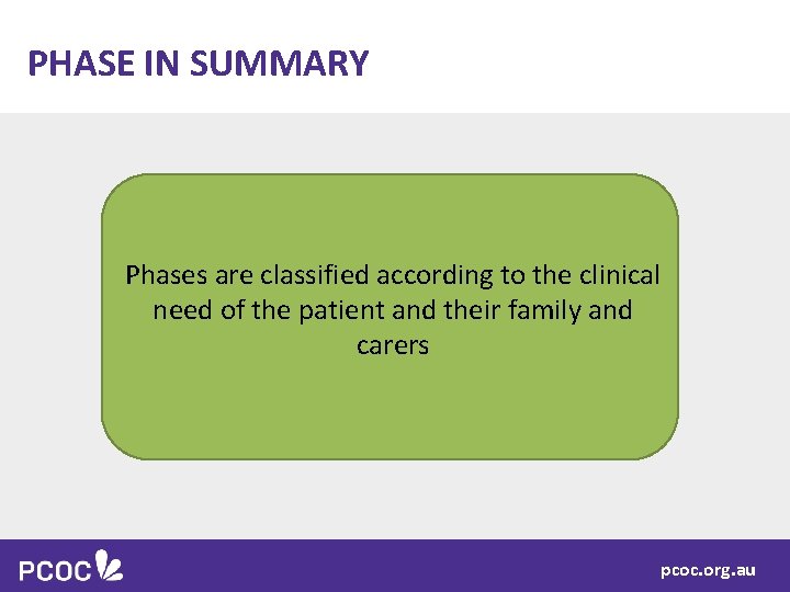 PHASE IN SUMMARY Phases are classified according to the clinical need of the patient