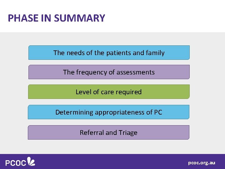 PHASE IN SUMMARY The needs of the patients and family The frequency of assessments