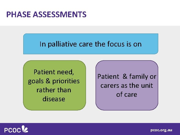 PHASE ASSESSMENTS In palliative care the focus is on Patient need, goals & priorities