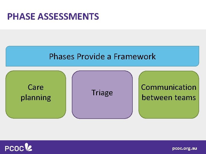PHASE ASSESSMENTS Phases Provide a Framework Care planning Triage Communication between teams pcoc. org.