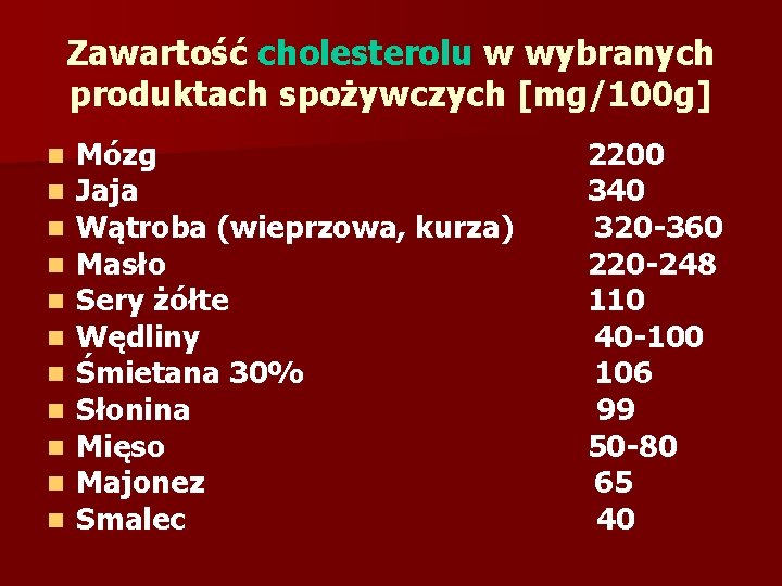 Zawartość cholesterolu w wybranych produktach spożywczych [mg/100 g] n n n Mózg Jaja Wątroba