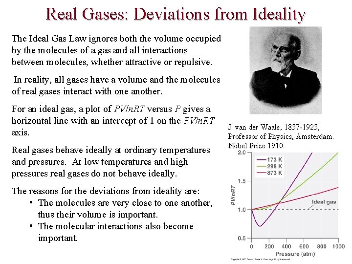 Real Gases: Deviations from Ideality The Ideal Gas Law ignores both the volume occupied