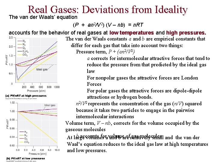 Real Gases: Deviations from Ideality The van der Waals’ equation (P + an 2/V