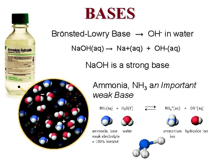 BASES Brönsted-Lowry Base → OH- in water Na. OH(aq) → Na+(aq) + OH-(aq) Na.