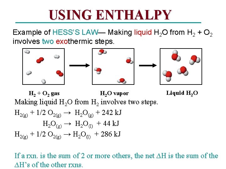 USING ENTHALPY Example of HESS’S LAW— Making liquid H 2 O from H 2