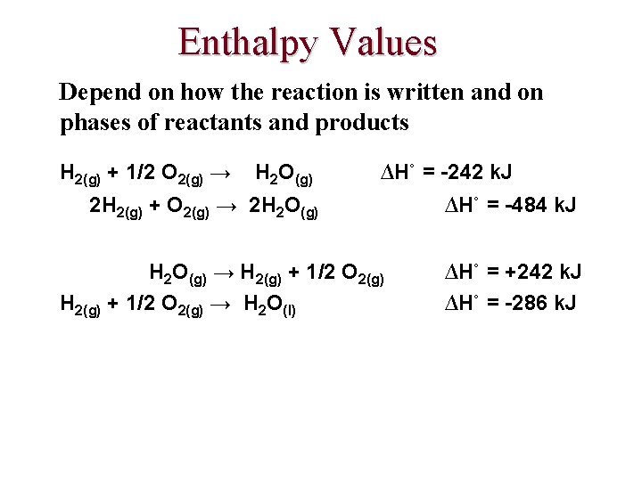 Enthalpy Values Depend on how the reaction is written and on phases of reactants