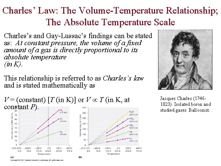 Charles’ Law: The Volume-Temperature Relationship; The Absolute Temperature Scale Charles’s and Gay-Lussac’s findings can