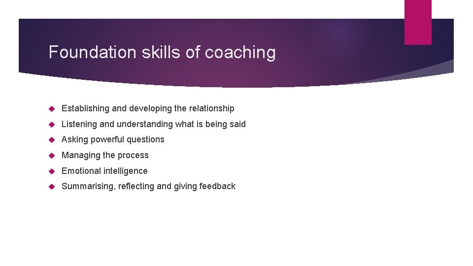 Foundation skills of coaching Establishing and developing the relationship Listening and understanding what is