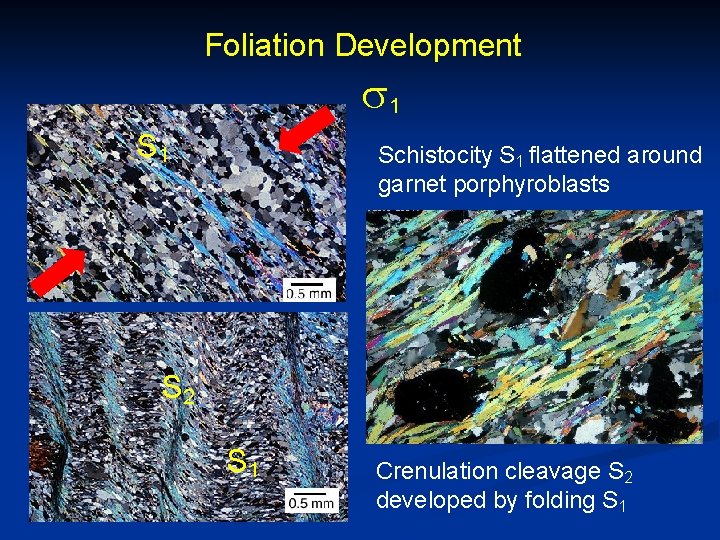 Foliation Development s 1 Schistocity S 1 flattened around garnet porphyroblasts S 2 S