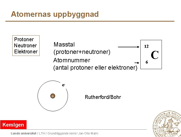 Atomernas uppbyggnad Protoner Neutroner Elektroner Masstal (protoner+neutroner) Atomnummer (antal protoner eller elektroner) e+ Rutherford/Bohr Atomernas uppbyggnad Protoner Neutroner Elektroner Masstal (protoner+neutroner) Atomnummer (antal protoner eller elektroner) e+ Rutherford/Bohr