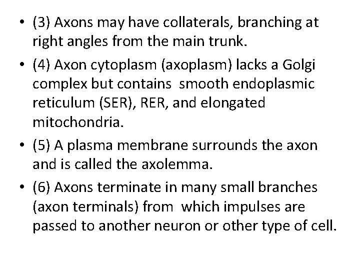• (3) Axons may have collaterals, branching at right angles from the main • (3) Axons may have collaterals, branching at right angles from the main