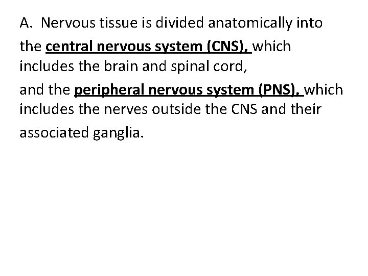 A. Nervous tissue is divided anatomically into the central nervous system (CNS), which includes