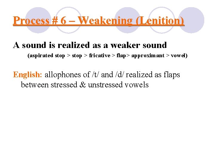 Process # 6 – Weakening (Lenition) A sound is realized as a weaker sound