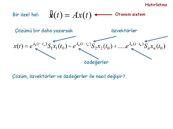 Hatırlatma Bir özel hal: Otonom sistem Çözümü bir daha yazarsak özvektörler özdeğerler Çözüm, özvektörler