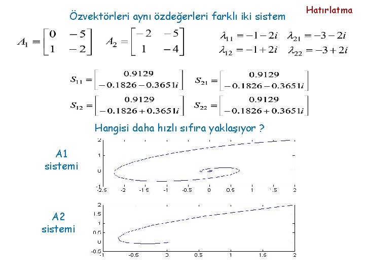 Özvektörleri aynı özdeğerleri farklı iki sistem Hangisi daha hızlı sıfıra yaklaşıyor ? A 1