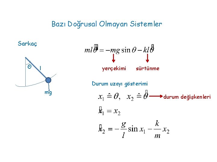 Bazı Doğrusal Olmayan Sistemler Sarkaç Θ yerçekimi l sürtünme Durum uzayı gösterimi mg durum