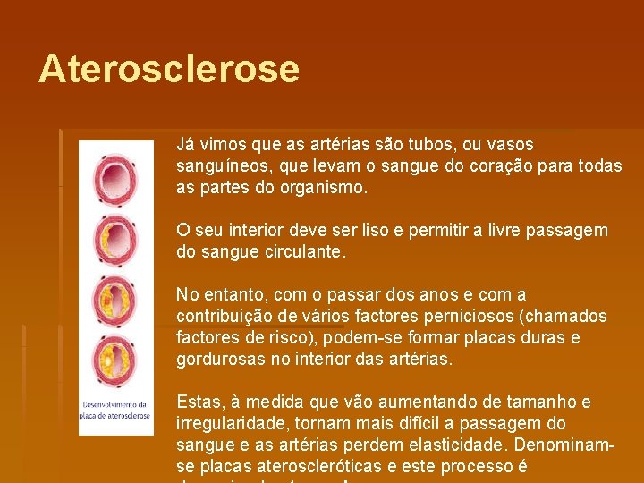 Aterosclerose Já vimos que as artérias são tubos, ou vasos sanguíneos, que levam o