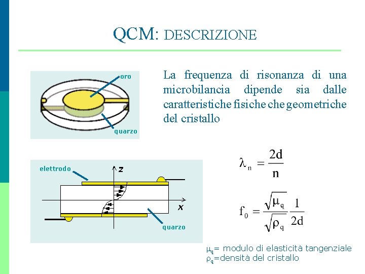 QCM: DESCRIZIONE oro La frequenza di risonanza di una microbilancia dipende sia dalle caratteristiche