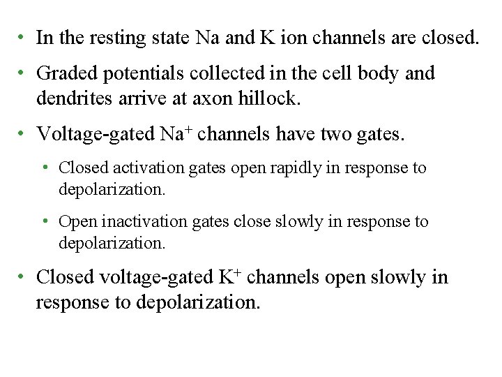 • In the resting state Na and K ion channels are closed. • • In the resting state Na and K ion channels are closed. •