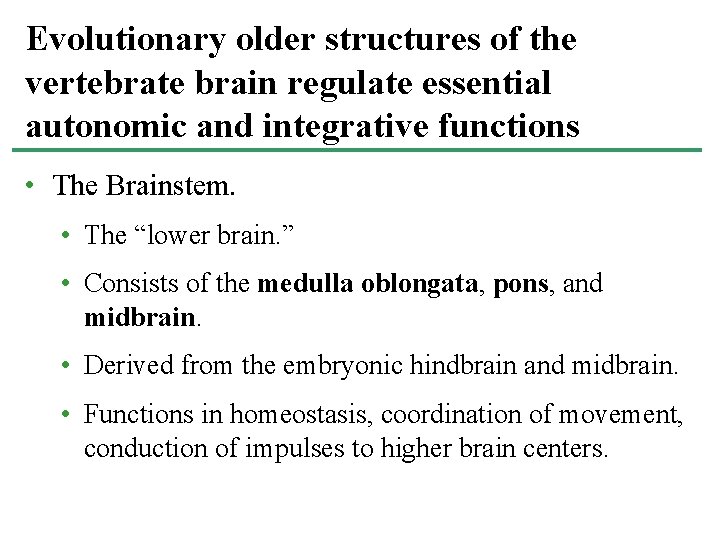 Evolutionary older structures of the vertebrate brain regulate essential autonomic and integrative functions •
