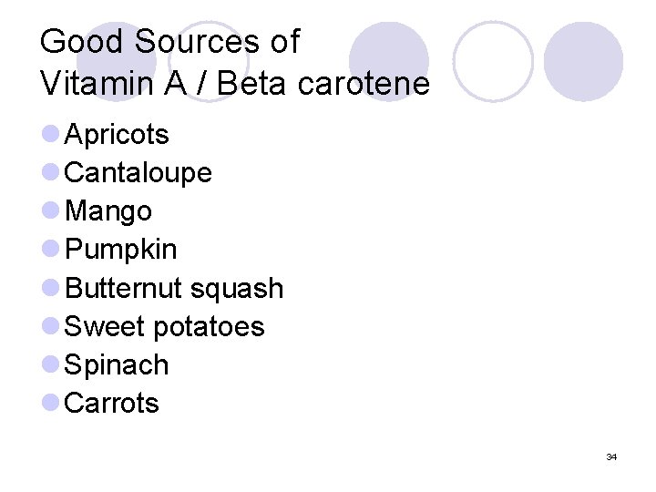 Good Sources of Vitamin A / Beta carotene l Apricots l Cantaloupe l Mango