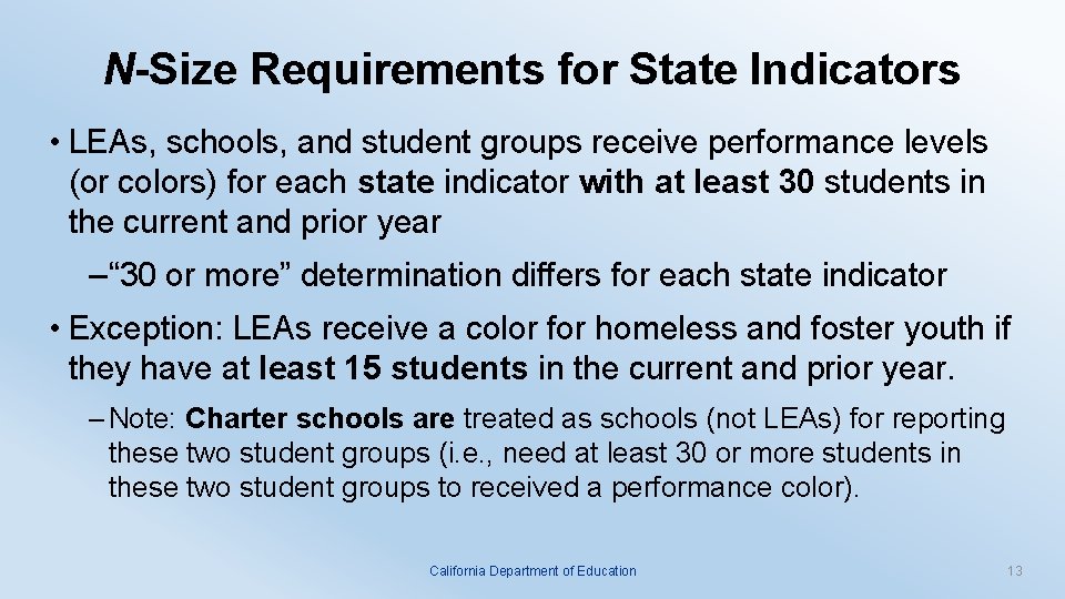 N-Size Requirements for State Indicators • LEAs, schools, and student groups receive performance levels
